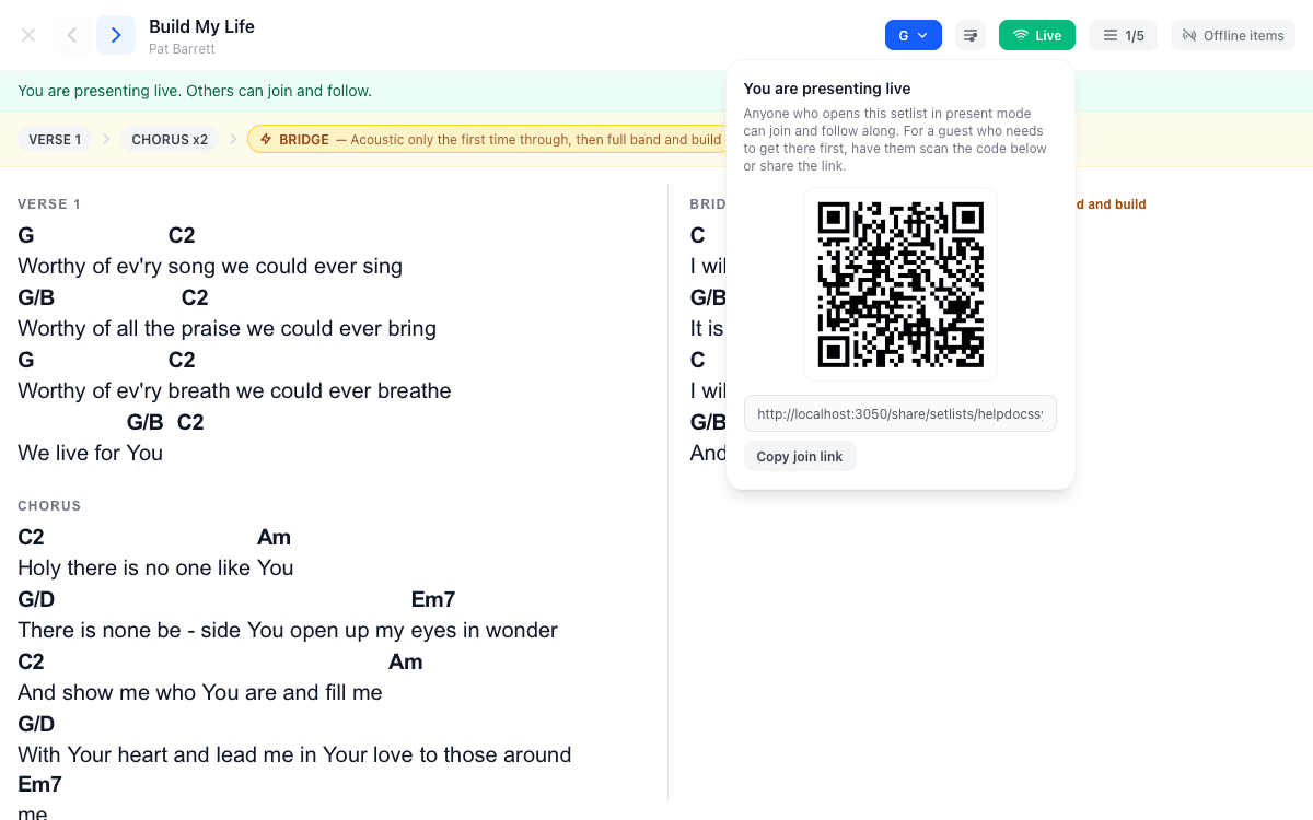 Starting a live synced present-mode session with a QR code
