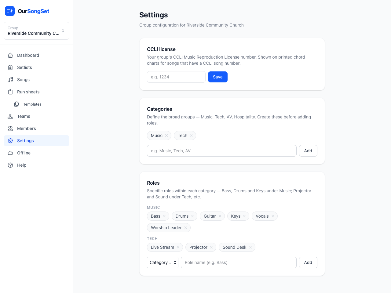 Group settings page showing CCLI license, categories, and roles