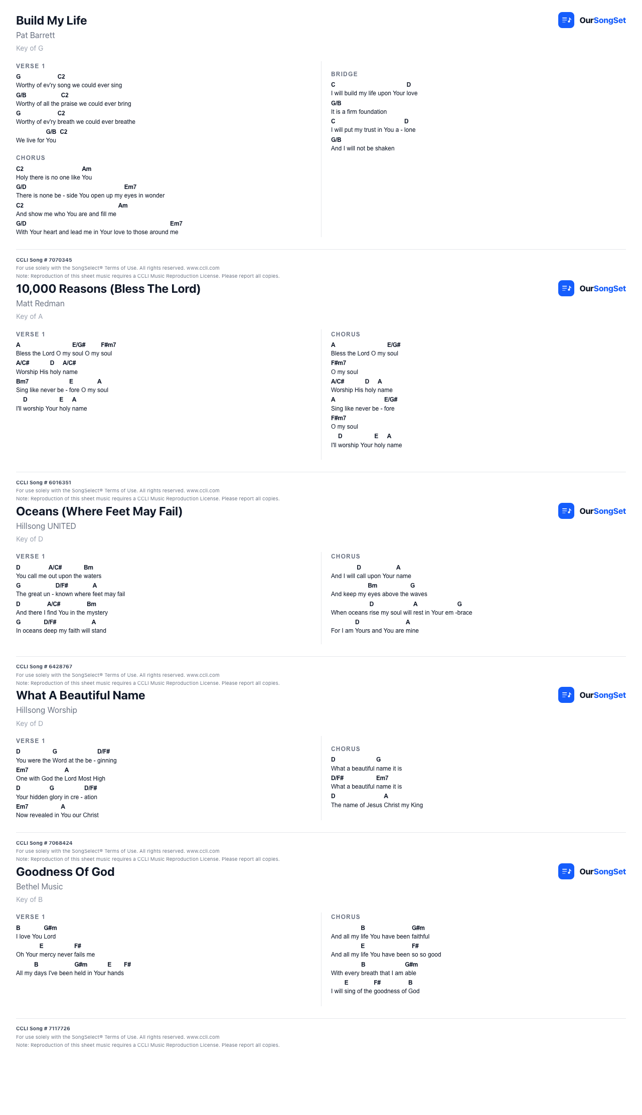 Print preview showing multiple songs with CCLI footers