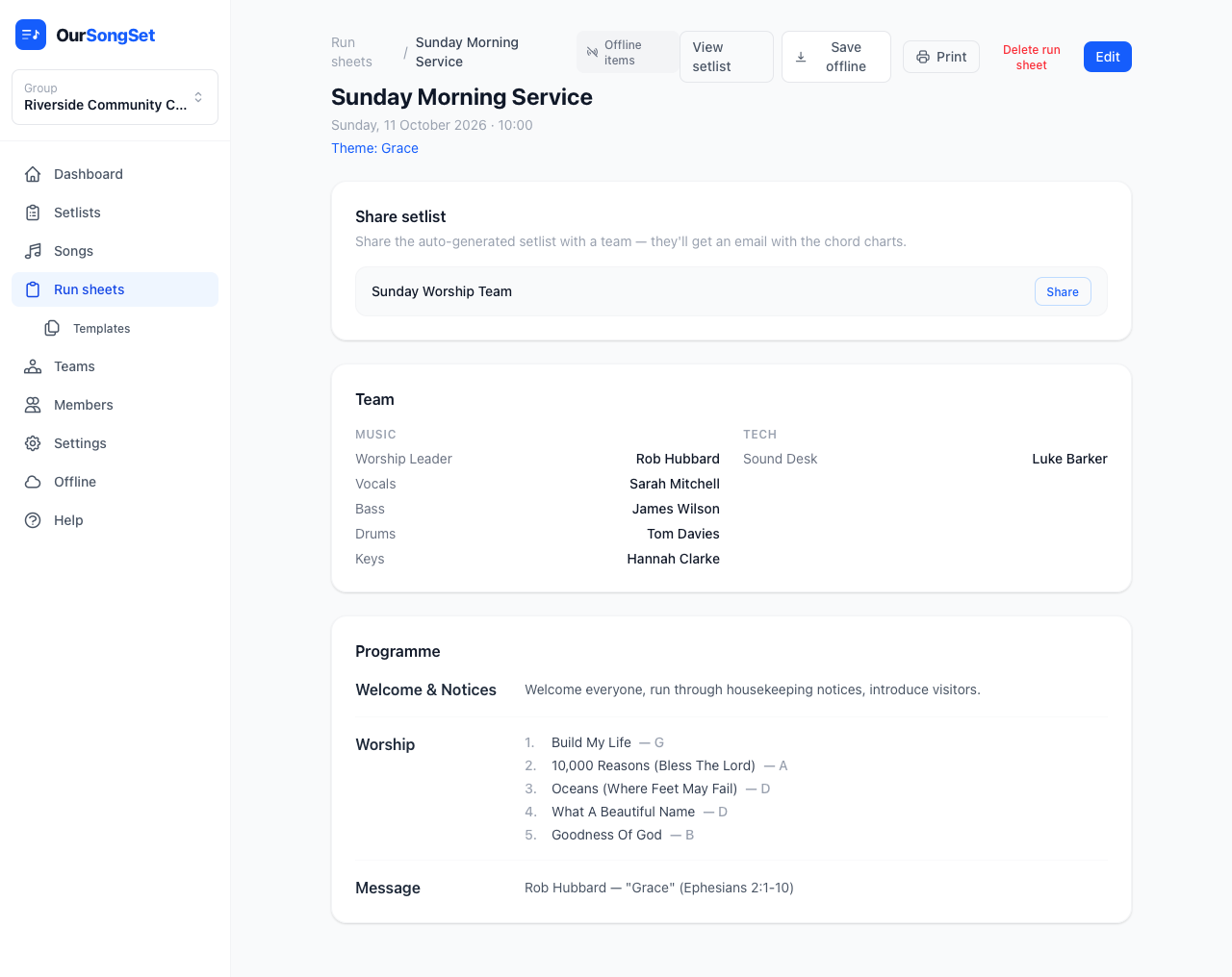 Run sheet overview showing team, programme, and sharing options