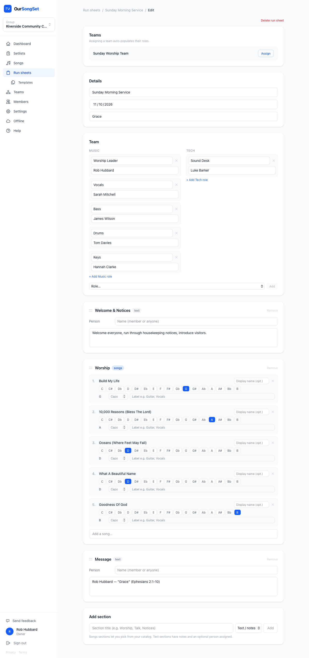 Run sheet editor showing team roles and programme sections