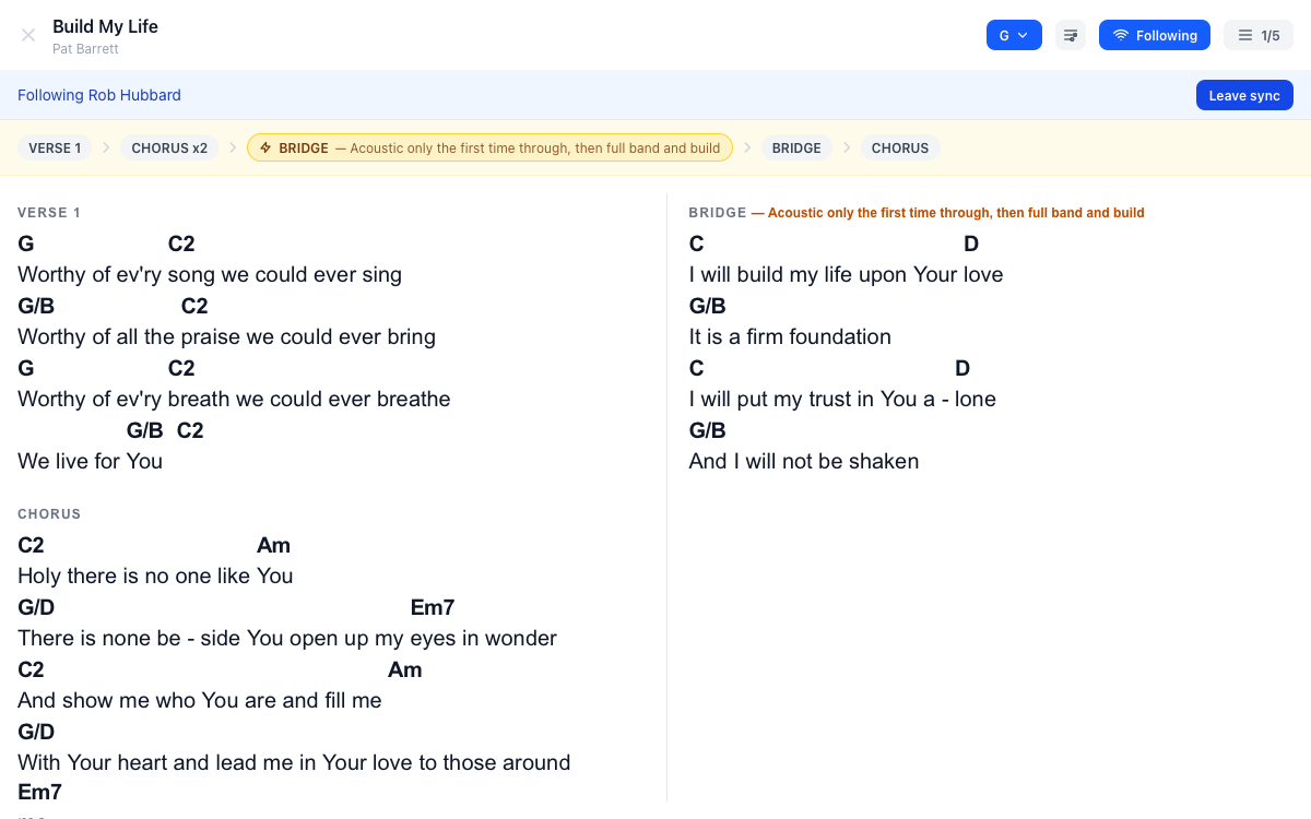 A follower's present mode view, showing 'Following [name]' and the shared song/page