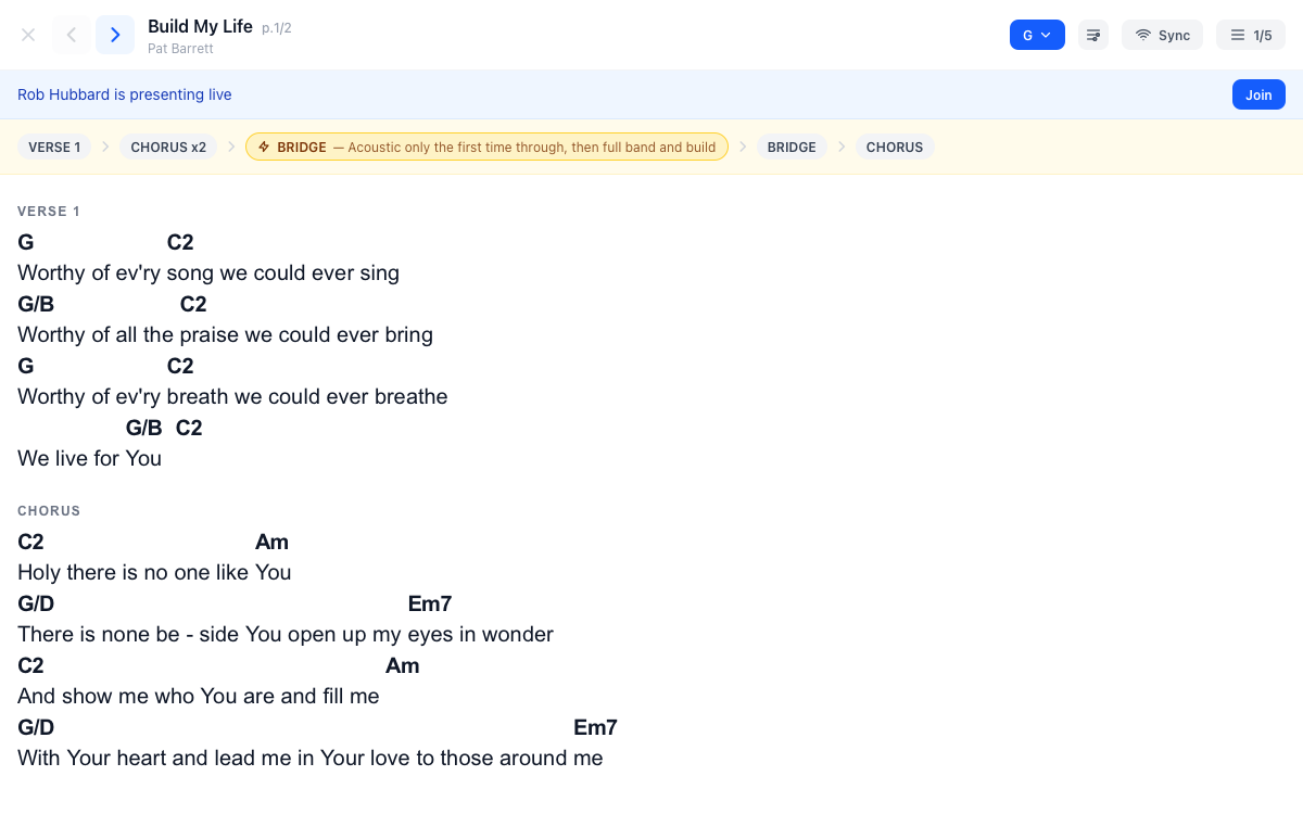 Present mode showing an 'is presenting live — Join' banner for someone who opened it without a link