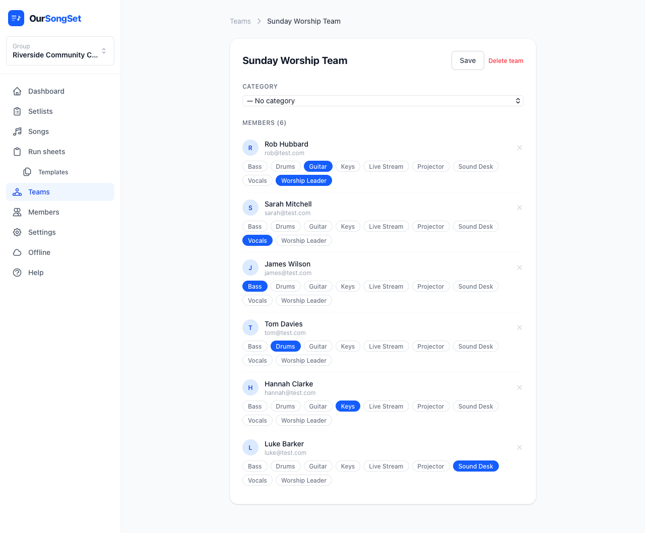 Team detail page showing members with multiple roles each